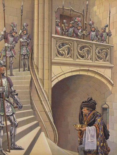 Il barbiere salì le scale verso la camera del re, oltrepassando le numerose guardie armate da pseudonym for Onfray de Breville Jacques Job