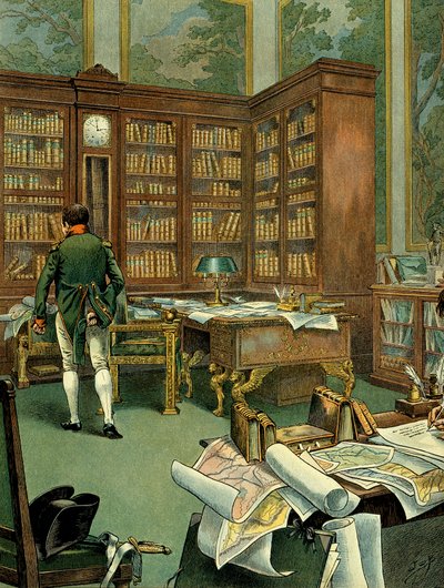 Gabinetto di lavoro di Napoleone I Bonaparte (1769-1821) al primo piano del Palazzo delle Tuileries mentre era Primo Console. Scrivania con biblioteca e orologio in legno. Illustrazione di Jacques Marie Gaston Onfray de Breville detto JOB (1858-1931). Coll da pseudonym for Onfray de Breville Jacques Job