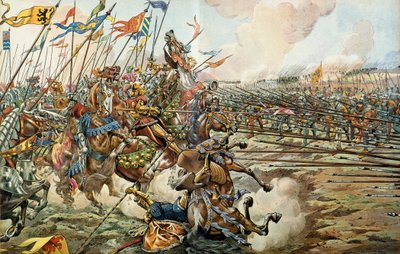 La battaglia di Grandson tra i Borgognoni e gli Svizzeri a Grandson, Svizzera, il 2 marzo 1476. Illustrazione di Jacques Marie Gaston Onfray de Breville detto JOB da pseudonym for Onfray de Breville Job
