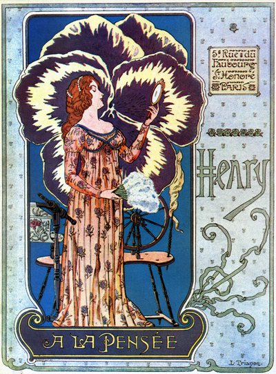 Art Nouveau: manifesto pubblicitario per il negozio di cosmetici Henry a la Pensée a Parigi. Una giovane donna si ammira in uno specchio, dietro di lei un fiore di pensiero. Illustrazione di L. Trianon da pseudonym of Trinquier Louis Trinquier Trianon