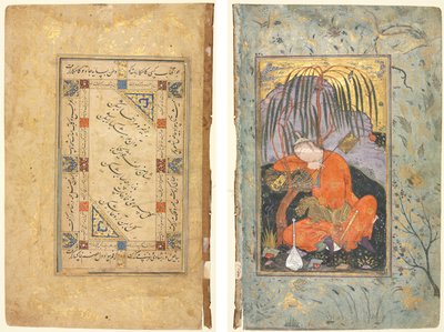 Couplets persiani (recto); Giovane dormiente (verso) da style of Riza yi Abbasi