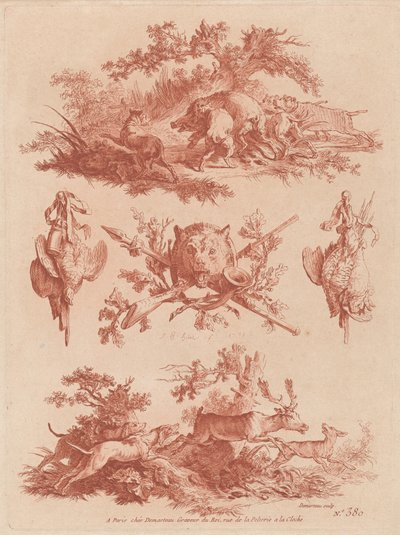 Trofei di caccia e vignette con cani che inseguono un cinghiale e un cervo da the Elder and Jean Baptiste Hüet Gilles Demarteau