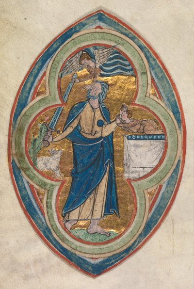 Miniatura Ritagliata da un Compendio in Historiae Genealogia Christi di Pietro Poitiers: Il Sacrificio di Isacco da workshop of William de Brailes