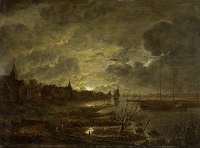 Un villaggio su un fiume al chiaro di luna, 1645-1700 da Aert van der Neer