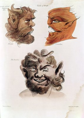 Teste dei demoni diabolici: Theumis, Asmodeus e Incubus, illustrazioni da &39;The Magus&39;, pub. 1801 (incisione a mano) da Francis Barrett