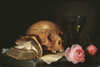 Natura morta vanitas con teschio, libro e rose, c.1630