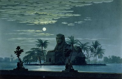 Scena da giardino con la Sfinge al chiaro di luna, scena II atto 3, scenografia per 'Il flauto magico' di Wolfgang Amadeus Mozart (1756-91) per il teatro dell'opera di Berlino, 1816, da Karl Friedrich Schinkel