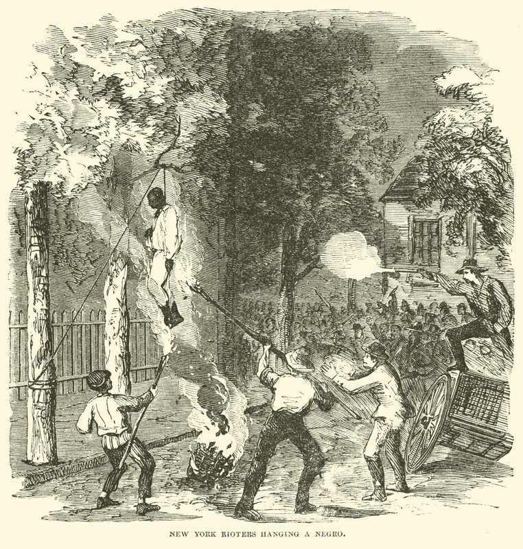 Rivoltosi di New York che impiccano una persona di colore, luglio 1863 (incisione) da (after) American School