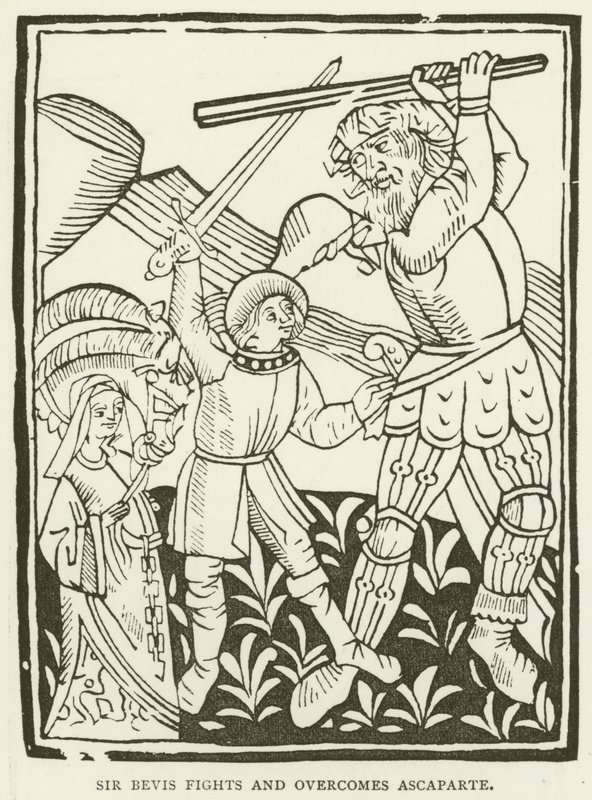 Sir Bevis combatte e sconfigge Ascaparte (incisione) da (after) English School
