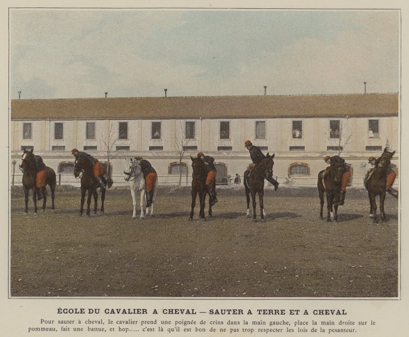 Scuola del Cavaliere a Cavallo, Saltare a Terra e a Cavallo (foto colorata) da (after) French Photographer