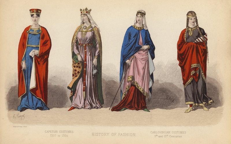 Moda in Francia: Costumi Capetingi 1100-1364; Costumi Carolingi IX e X secolo da (after) French School