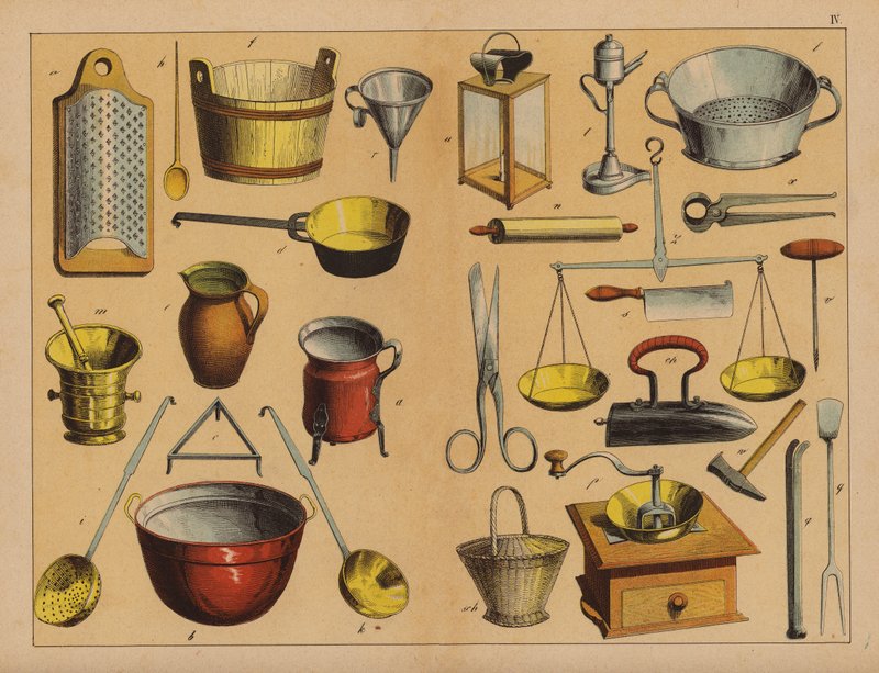 Utensili da cucina e attrezzi (litografia a colori) da (after) German School