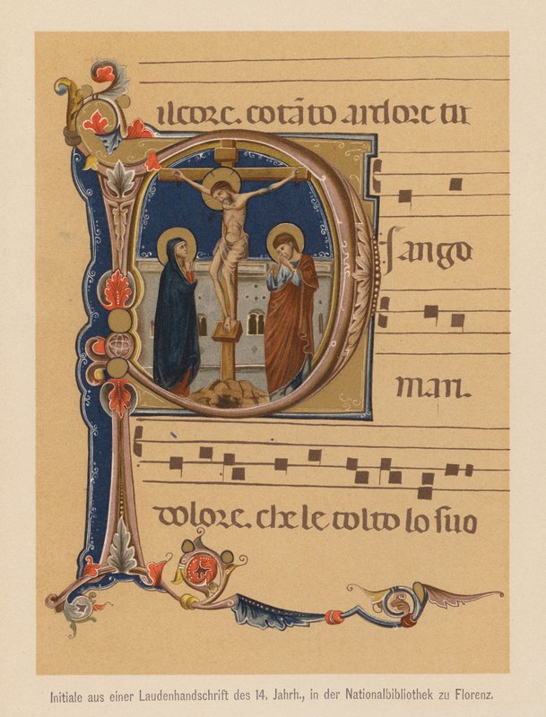Crocifissione di Gesù Cristo, iniziale da un manoscritto medievale illuminato da (after) Italian School