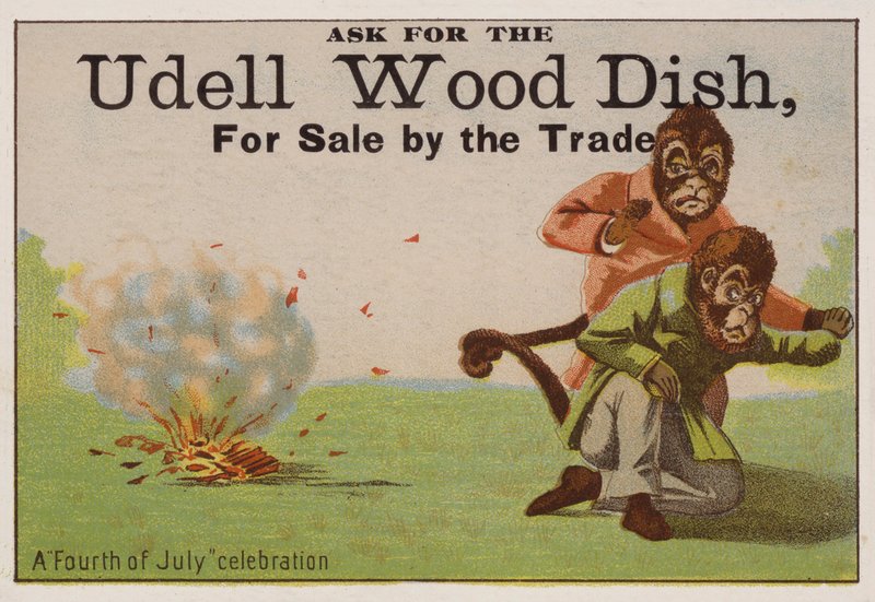 Celebrazione del 4 luglio, cartolina pubblicitaria per i piatti di legno Udell da American School