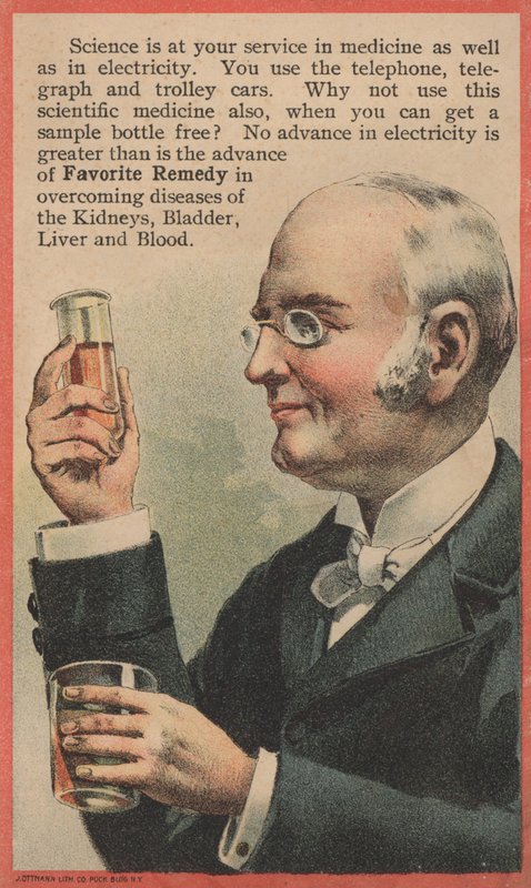 Pubblicità per Favorite Remedy, trattamento per malattie dei reni, della vescica, del fegato e del sangue da American School