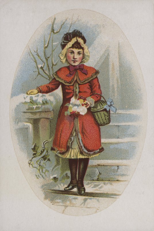 Ragazza elegante, in cappotto rosso, con cestino da American School