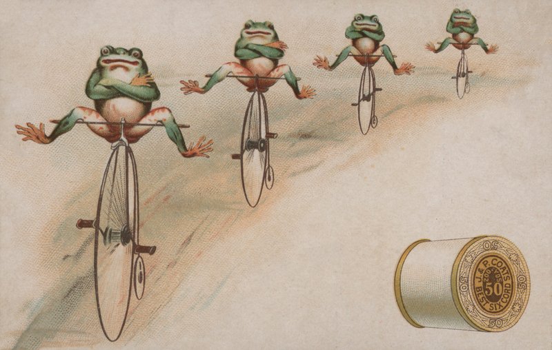Rane che eseguono trucchi su biciclette, pubblicità per il cotone J & P Coats da American School