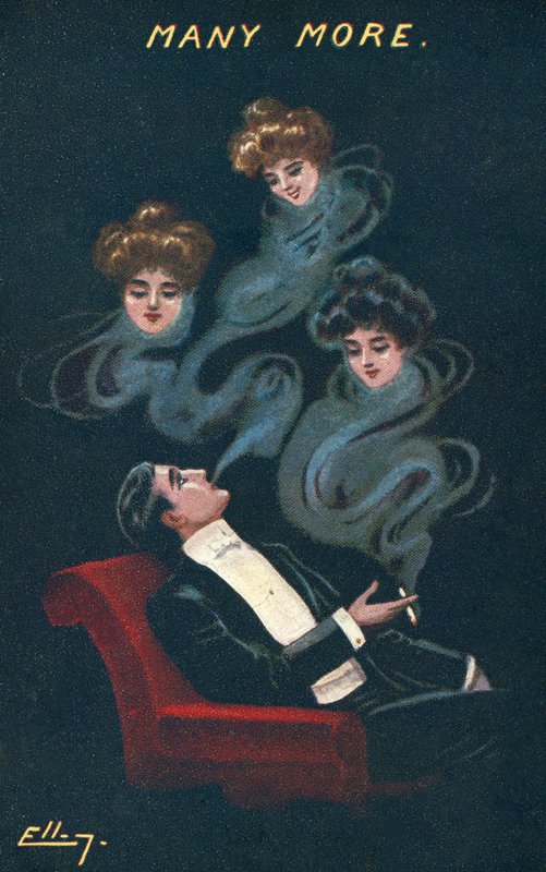 Uomo che fuma sognando tre ragazze da American School