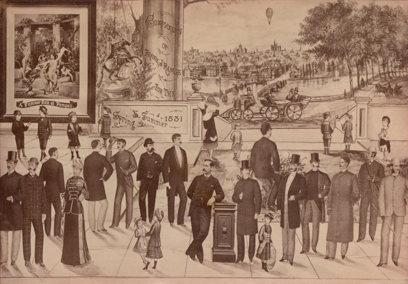 Cartolina commerciale per Frank J Ramge, drappiere e sarto, 1881 da American School