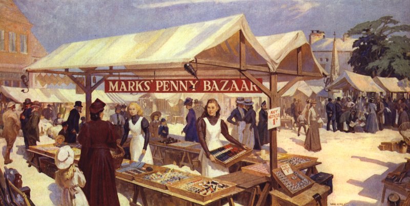 Impressione di un artista del Penny Bazaar di Marks, originato nel 1884 da Michael Marks, padre di Sir Simon Marks da English School