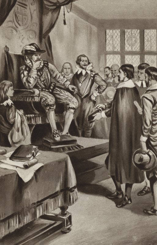 Re Giacomo VI minaccia i puritani che li farà conformare alla Chiesa o li scaccerà dal paese da English School