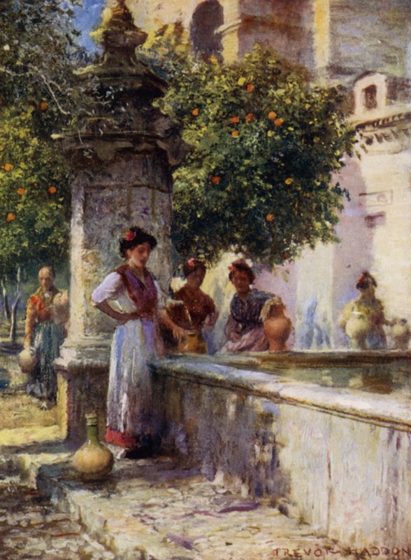 Cordova, Fontana nel Patio de los Naranjos (litografia a colori) da A. Trevor Haddon