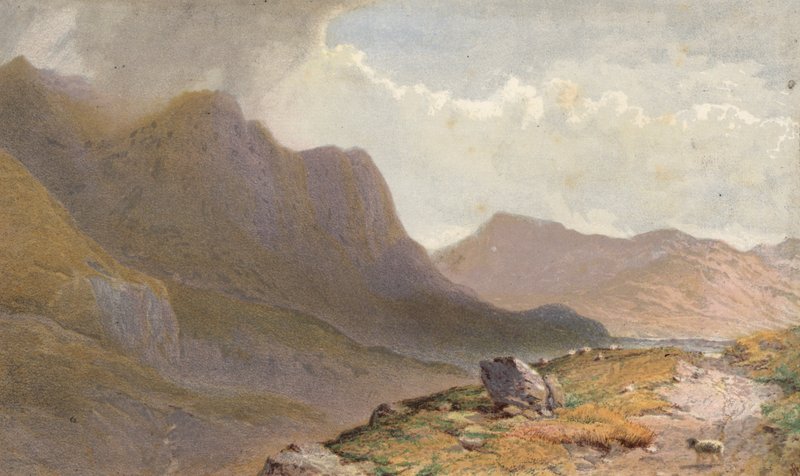 Scena tra Capel Currg e Llyn Ogwen, alla testa di Nant Frangon, Galles del Nord (cromolitografia) da Aaron Edwin Penley