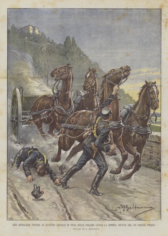 Due artiglieri vittime di quattro cavalli in fuga sulle colline lungo la sponda destra del Po, presso Torino da Achille Beltrame