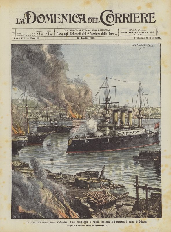 La corazzata russa Kniaz Potemkin incendia e bombarda il porto di Odessa da Achille Beltrame
