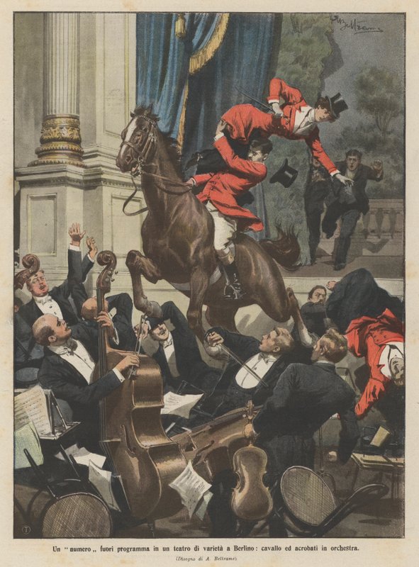 Un numero fuori programma in un teatro di varietà a Berlino, cavallo ed acrobati in orchestra da Achille Beltrame