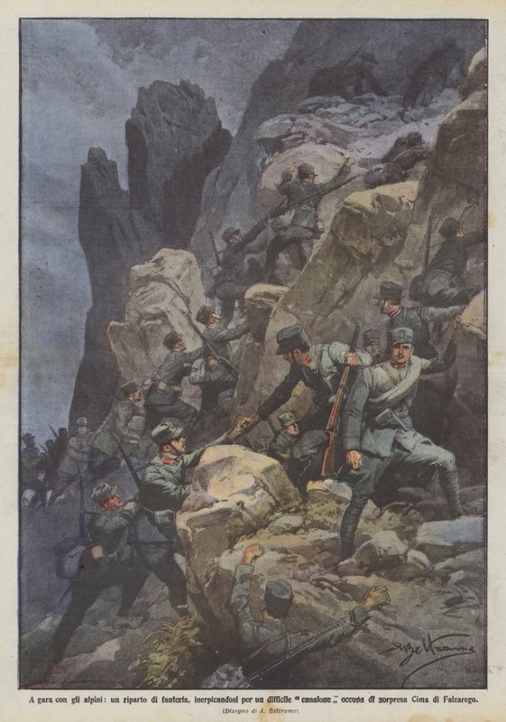 A gara con gli alpini, un riparto di fanteria, inerpicandosi per un difficile canalone occupa da Achille Beltrame