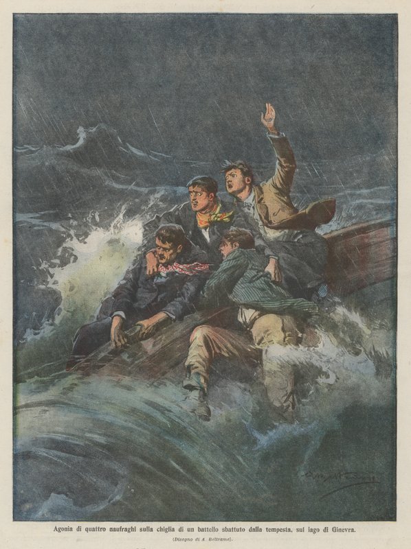 Agonia di quattro naufraghi sulla chiglia di un battello sbattuto dalla tempesta, sul lago di Ginevra da Achille Beltrame
