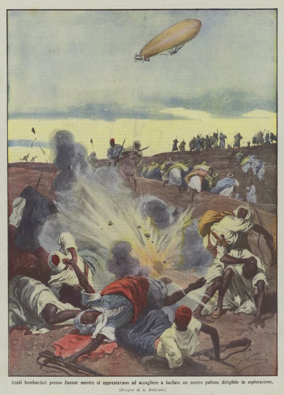 Arabi bombardati presso Zanzur mentre si apprestavano ad accogliere a fucilate un nostro pallone da Achille Beltrame