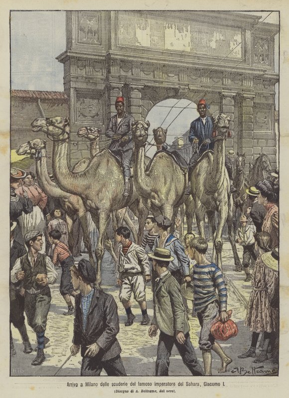 Arrivo a Milano delle scuderie del famoso imperatore del Sahara, Giacomo I da Achille Beltrame