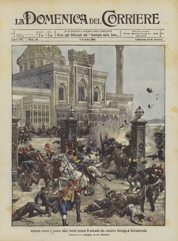 Attentato contro il sultano Abdul Hamid durante il selamlik alla moschea Hamidie a Costantinopoli da Achille Beltrame