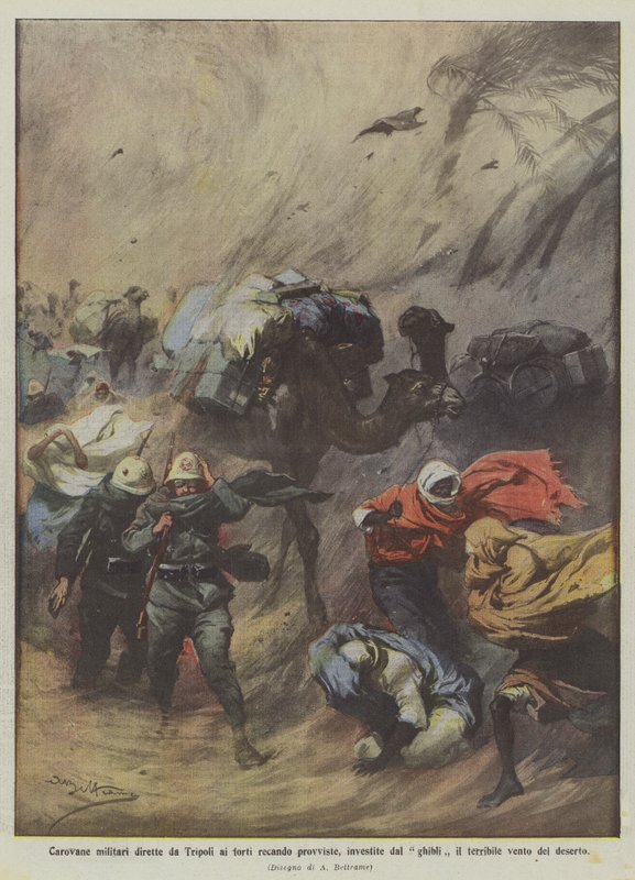 Carovane militari dirette da Tripoli ai forti recando provviste, investite dal ghibli da Achille Beltrame