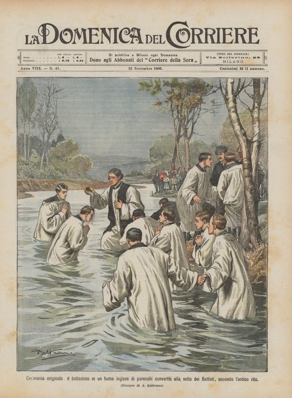 Cerimonia originale, il battesimo in un fiume inglese di parecchi convertiti alla setta da Achille Beltrame