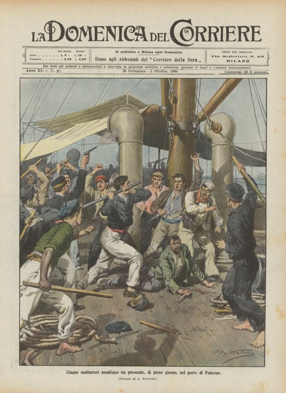 Cinque malfattori assaltano un piroscafo, di pieno giorno, nel porto di Palermo da Achille Beltrame