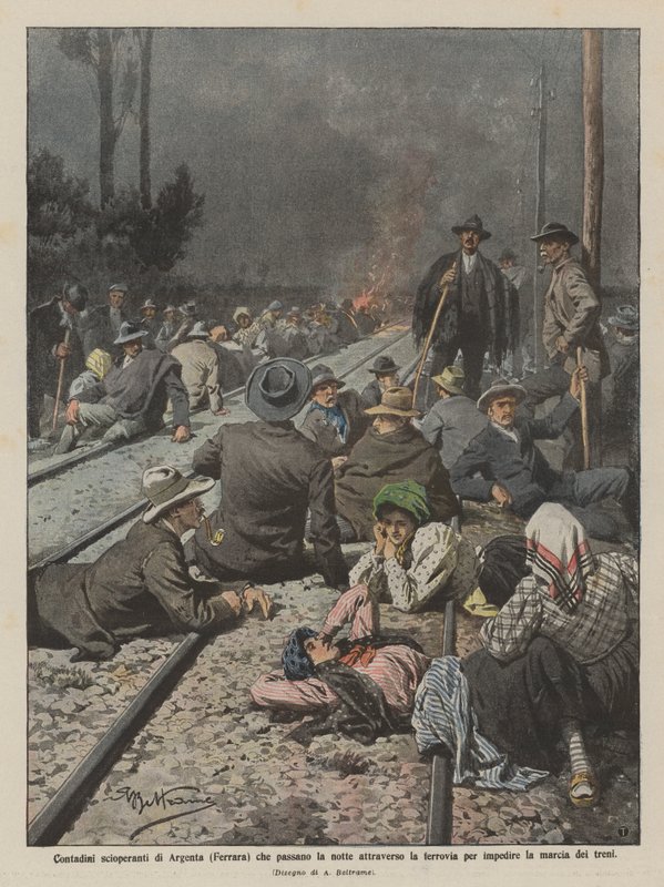 Contadini scioperanti di Argenta che passano la notte attraverso la ferrovia da Achille Beltrame