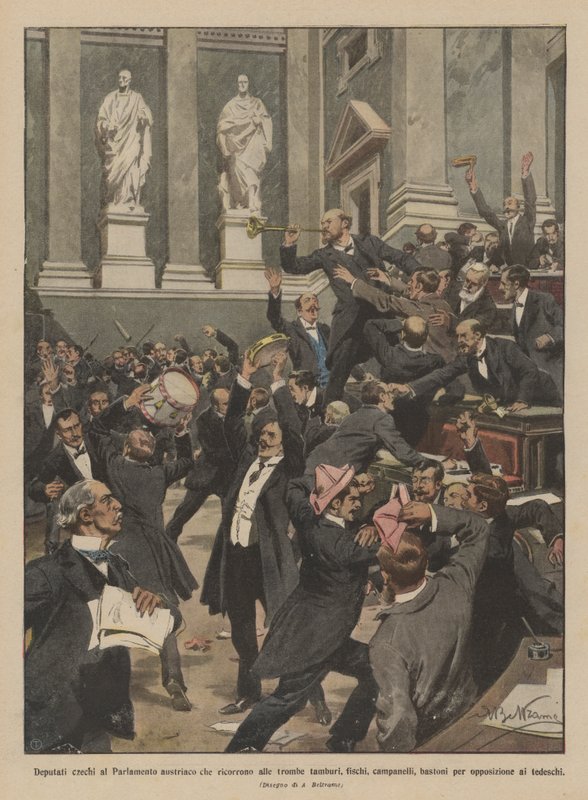 Deputati cechi al Parlamento austriaco che ricorrono alle trombe, tamburi, fischi, campanelli da Achille Beltrame
