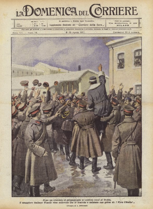 Dopo un discorso di propaganda ai soldati russi di Ochta, il maggiore italiano Tonelli da Achille Beltrame