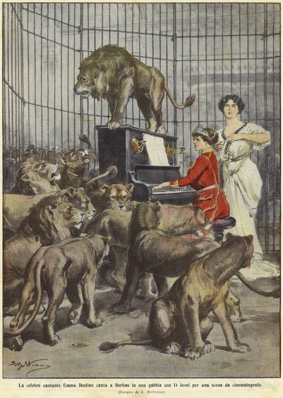 Emma Destinn canta in una gabbia di leoni a Berlino da Achille Beltrame