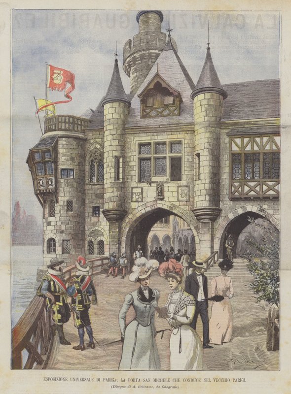 Esposizione universale di Parigi, la Porta San Michele che conduce nel vecchio Parigi da Achille Beltrame