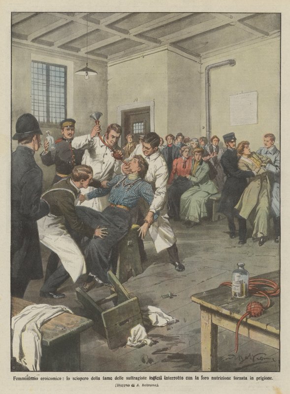 Femminismo eroicomico, lo sciopero della fame delle suffragiste inglesi interrotto da Achille Beltrame