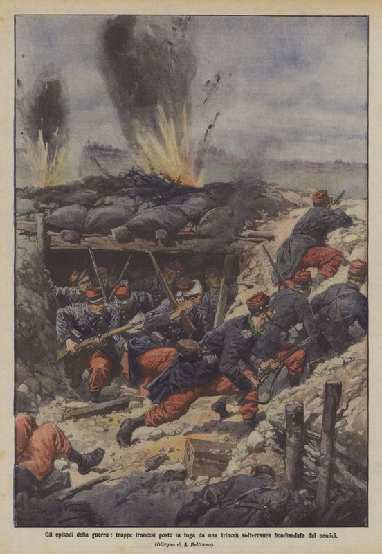 Episodi della guerra, truppe francesi poste in fuga da una trincea sotterranea bombardata dai nemici da Achille Beltrame