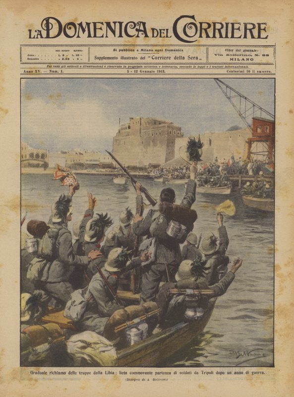Graduale richiamo delle truppe dalla Libia, lieta commovente partenza di soldati da Tripoli dopo un anno di guerra da Achille Beltrame