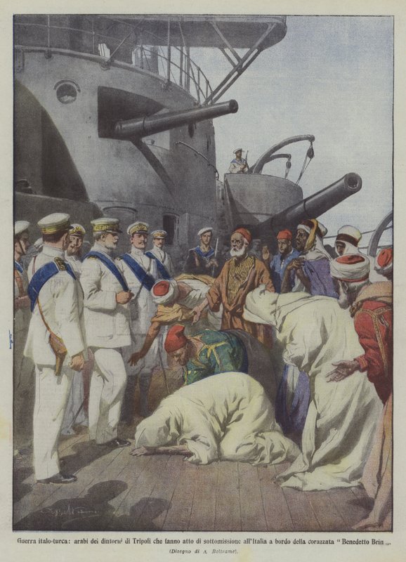 Guerra italo-turca, arabi dei dintorni di Tripoli che fanno atto di sottomissione all