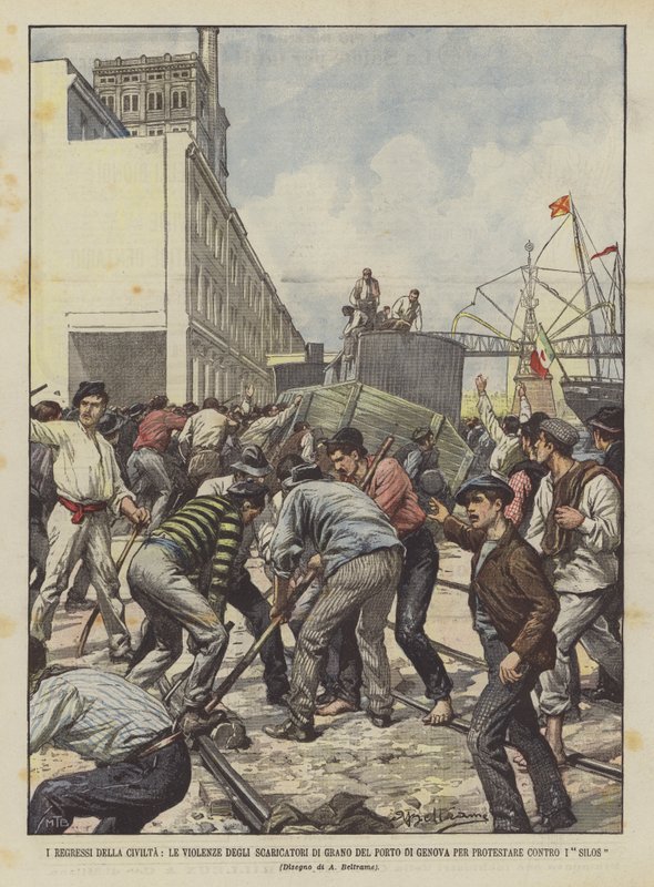 I regressi della civiltà, le violenze degli scaricatori di grano del porto di Genova per protestare contro i silos da Achille Beltrame
