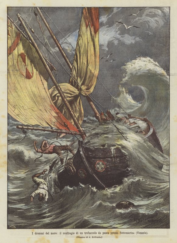 I drammi del mare, il naufragio di un trabaccolo da pesca presso Sottomarina (Venezia) da Achille Beltrame