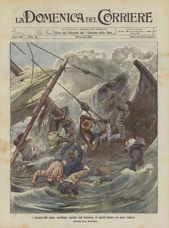 I drammi del mare, naufragio causato dal monsone di operai italiani nel mare Indiano da Achille Beltrame